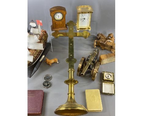 MISCELLANEOUS PARCEL - ecclesiastical brass crucifix, 62cms H, excellent ornamental brass cannon, wooden mantel clock, modern