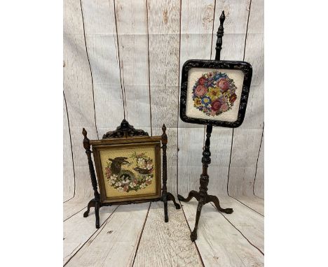 POLE SCREEN &amp; FIRE SCREEN - the pole screen carved mahogany on tripod supports with tapestry insert, 150cms.  The fire sc