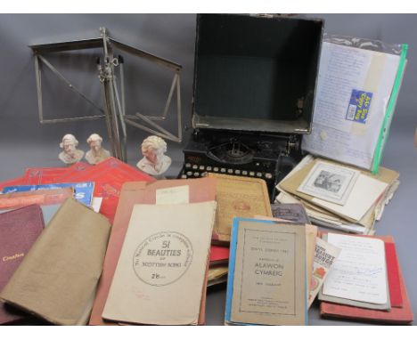 VINTAGE ROYAL PORTABLE TYPEWRITER WITH CASE, music sheet books, folding music stand and three composite busts depicting Beeth