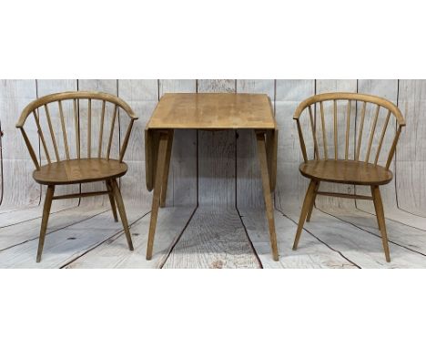 ERCOL LIGHT ELM DROP-LEAF KITCHEN TABLE &amp; 2 CHAIRS - having curved stick backs, blue trace label still attached (one chai