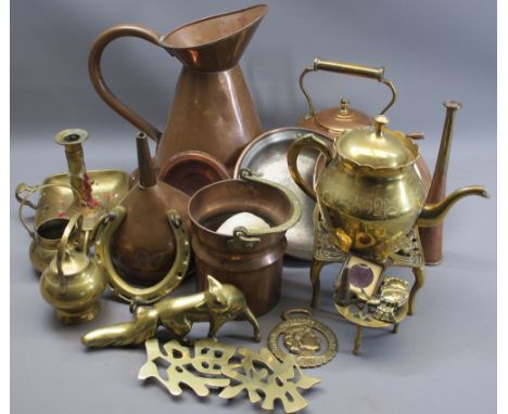 ANTIQUE &amp; LATER COPPER &amp; BRASSWARE HOUSEHOLD GOODS &amp; ORNAMENTS to include a copper measure, funnel, pudding mould