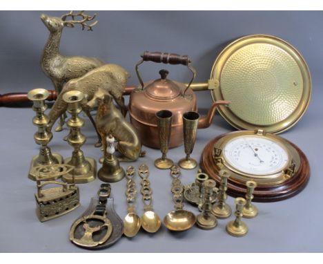 VINTAGE &amp; LATER BRASS &amp; COPPERWARE along with a Weather Master wall barometer, deer figurines, ETC