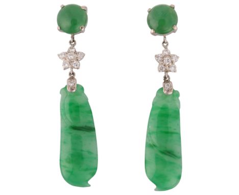 A pair of 18ct white gold jade and diamond drop stud earrings, each set with round cabochon jade suspending modern round bril