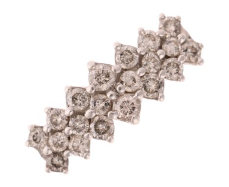 A 14ct white gold diamond triple-row ring, set with modern round brilliant-cut diamonds, total diamond content approx 1ct, se