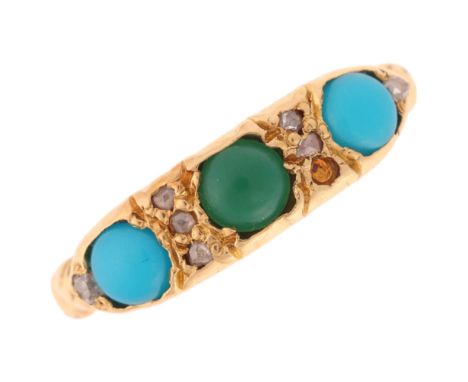 An Antique 18ct gold turquoise and diamond half hoop ring, set with round cabochon turquoise, rose-cut diamonds with twisted 