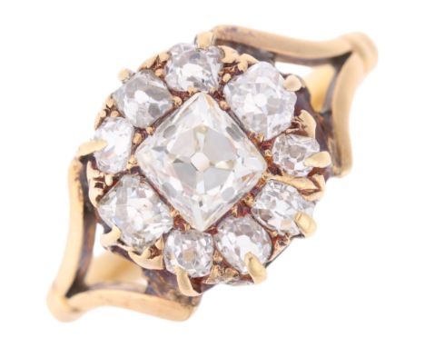 An Antique Victorian 18ct gold Peruzzi-cut diamond cluster ring, the principal Peruzzi-cut diamond weighing approx 0.6ct, sur