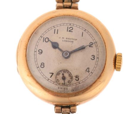 J W BENSON - a 15ct gold Officer's style mechanical wristwatch, silvered dial with black Arabic numerals, blued steel spade h