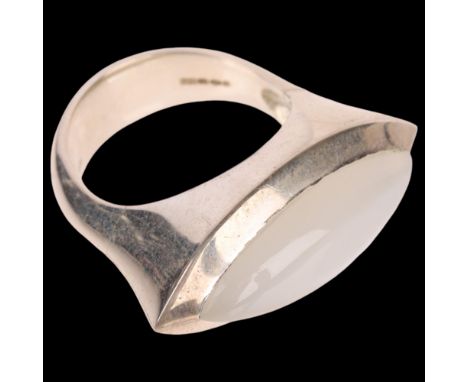 A sterling silver moonstone dress ring, set with marquise cabochon moonstone, setting height 13.4mm, size P, 11.2g . Conditio