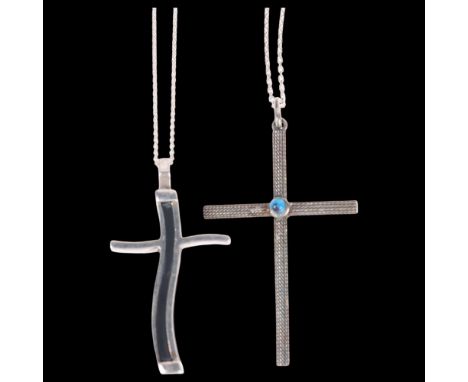 2 Continental sterling silver cross pendant necklaces, on silver cable link chains, largest pendant 53.5mm, 19.7g total (2) .