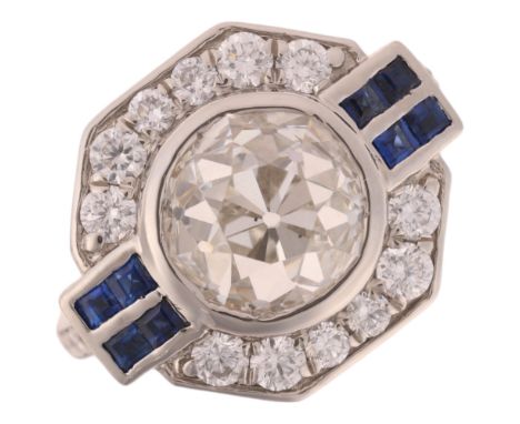 A large Art Deco style sapphire and lab-grown diamond cluster ring, centrally rub-over set with 4ct lab-grown old-cut diamond