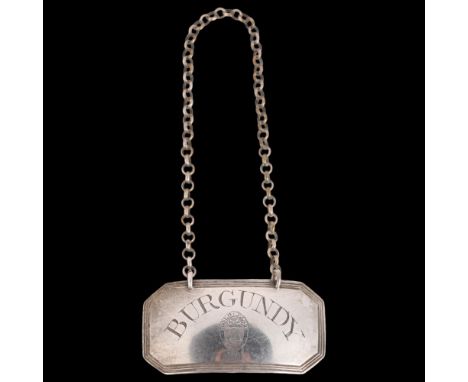 FEMALE SILVERSMITH - a George III silver 'Burgundy' 1 decanter label, Susannah Barker, no date letter, elongated octagonal fo