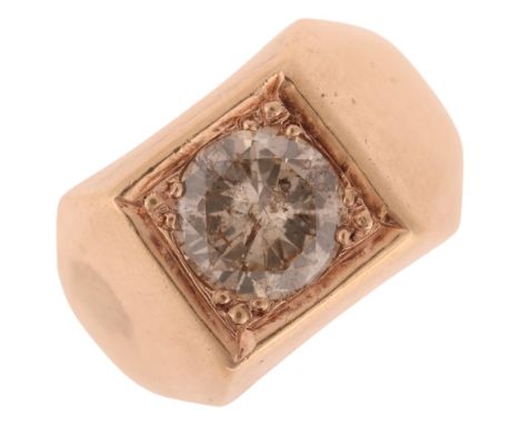 A large 9ct rose gold 1.85ct single stone diamond signet ring, set with modern round brilliant-cut diamond, colour tinted, cl