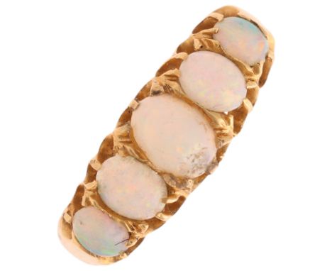 An Antique 18ct gold five stone opal half hoop ring, Chester 1901, set with oval cabochon opals, setting height 6.4mm, size N