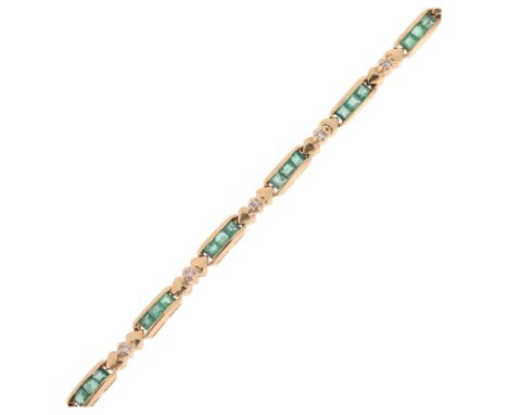 A 9ct gold emerald and diamond tennis line bracelet, band width 4mm, internal circumference 17cm, 9.5g . Condition Report:No 