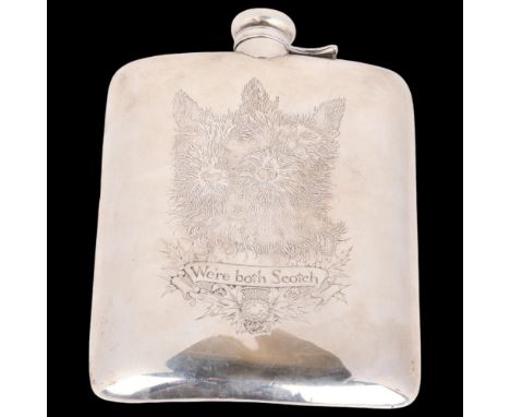 A large American sterling silver 'We're Both Scotch' hip flask, William B Kerr & Co, curved rectangular form with engraved Sc