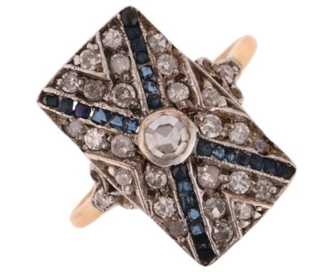 An Art Deco style 18ct gold sapphire and diamond panel ring, the rectangular panel set with single-cut diamonds segmented int