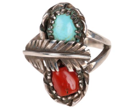 A Native American Navajo sterling silver turquoise and coral feather ring, setting height 24.4mm, size M, 6.7g . Condition Re