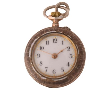 An Art Nouveau silver-gilt enamel open-face keyless fob watch, white enamel dial with hand painted black Arabic numerals, spa