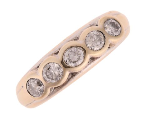 An 18ct white gold five stone diamond ring, maker CG, rub-over set with modern round brilliant-cut diamonds, total diamond co