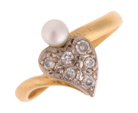 MAPPIN & WEBB - an 18ct gold pearl and diamond witch's heart ring, London 1974, set with modern round brilliant and single-cu
