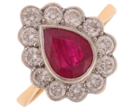 An 18ct gold ruby and diamond pear cluster ring, rub-over set with pear-cut ruby and modern round brilliant-cut diamonds, tot