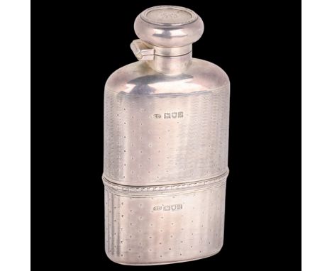 A George V silver-mounted glass hip flask, Charles Henry Dumenil, London 1911, allover engine turned decoration, with bayonet