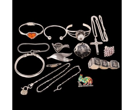 Various silver jewellery, including amber heart bangle, Pandora cuff bracelet, enamel rabbit brooch, cross pendant, etc, 212g