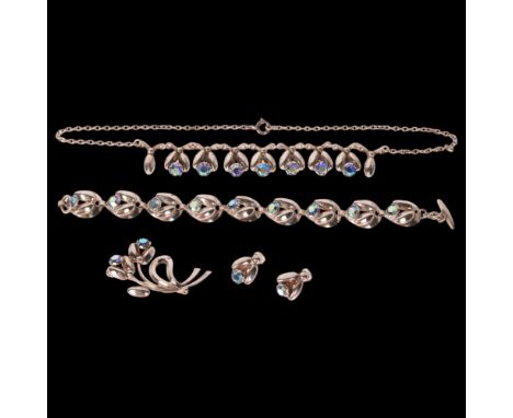 HERMANN SIERSBOL - a Danish modernist sterling silver and crystal demi-parure, comprising necklace 36cm, bracelet 18cm, brooc