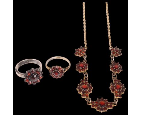 A group of Danish sterling silver garnet jewellery, comprising flowerhead cluster collar necklace, 44cm, and 2 rings, sizes K