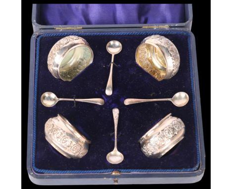 A cased set of 4 Edwardian silver salt cellars and spoons, Joseph Gloster Ltd, Birmingham 1908, 5cm, 2oz total . Condition Re