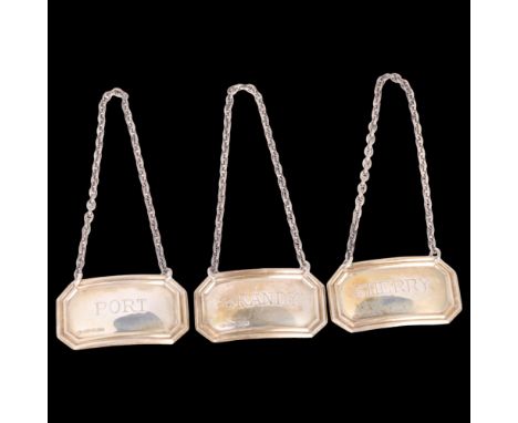 A set of 3 Elizabeth II silver wine decanter labels, WI Broadway & Co, Birmingham 2007, comprising Brandy Port and Sherry, 5c