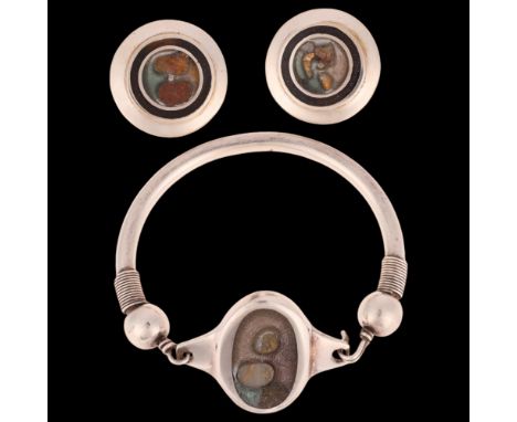 A Scandinavian sterling silver mineral sample and glass bangle and clip-on earring set, bangle setting height 32mm, internal 