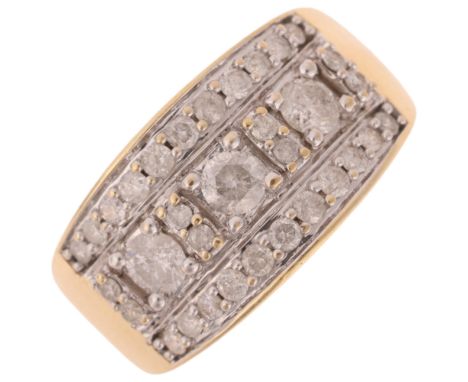 A 9ct gold diamond band ring, set with modern round brilliant-cut diamonds, total diamond content approx 1ct, setting height 
