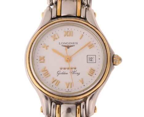 LONGINES - a lady's bi-metal Golden Wing quartz bracelet watch, ref. L3.106.5, white dial with applied gilt Roman numeral hou