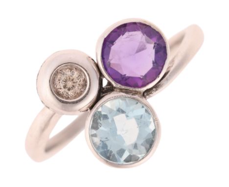 An 18ct white gold gem set dress ring, set with amethyst blue topaz and diamond, setting height 11.7mm, size K, 2.4g . Condit