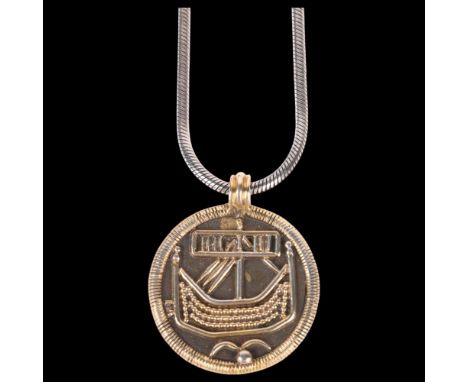 A Scandinavian sterling silver-gilt 'Kopi' Viking ship pendant necklace, on sterling snake link chain, pendant 31mm, chain 40