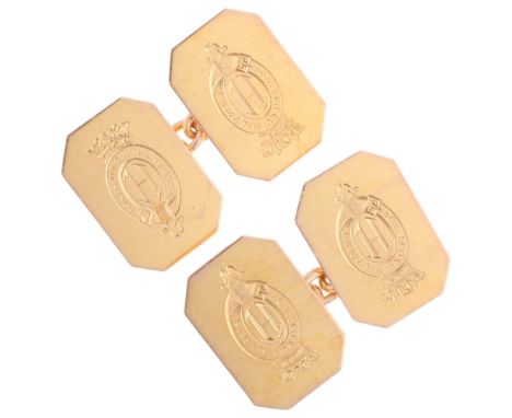 ROYAL INTEREST - a cased pair of 9ct gold 'Order Of The Garter' cufflinks, maker M&M, Birmingham 1933, each panel engraved wi