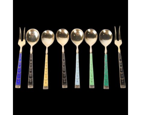 KHRISTIAN M HESTENES - a set of Norwegian modernist sterling silver and harlequin enamel flatware, comprising 6 coffee spoons