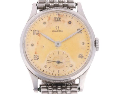 OMEGA - a Vintage stainless steel mechanical wristwatch, ref. 13322, circa 1947, silvered dial with gilt eighthly Arabic nume