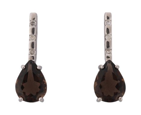 A pair of 9ct white gold smoky quartz and diamond stud earrings, set with pear-cut smoky quartz and single-cut diamonds, 17mm