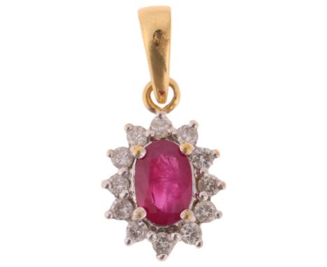 An 18ct gold ruby and diamond flowerhead cluster pendant, set with oval mixed-cut ruby and modern round brilliant-cut diamond
