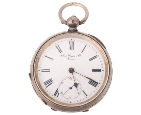 A Swiss silver open-face key-wind pocket watch, by John Myers & Co of Westminster Bridge Road, London, white enamel dial with