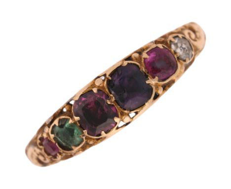 An Antique Victorian 15ct gold 'REGARD' acrostic ring, set with ruby emerald garnet amethyst ruby and diamond, closed-back se