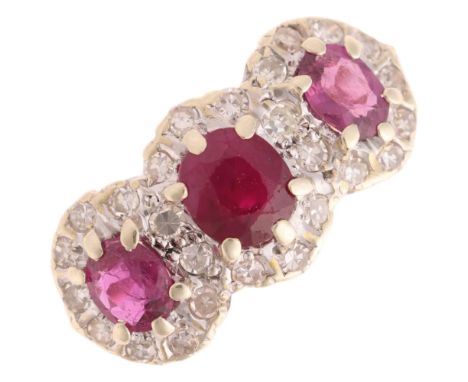 A 9ct gold ruby and diamond triple cluster ring, maker V&Co, Sheffield 1996, set with oval mixed-cut rubies and single-cut di