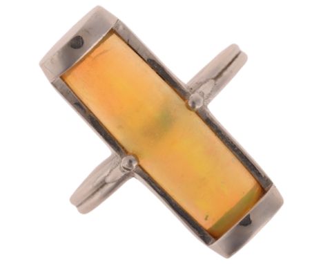 A platinum opal dress ring, maker JC, set with semi-cylinder opal, setting height 22.6mm, size N, 6.3g . Condition Report:No 