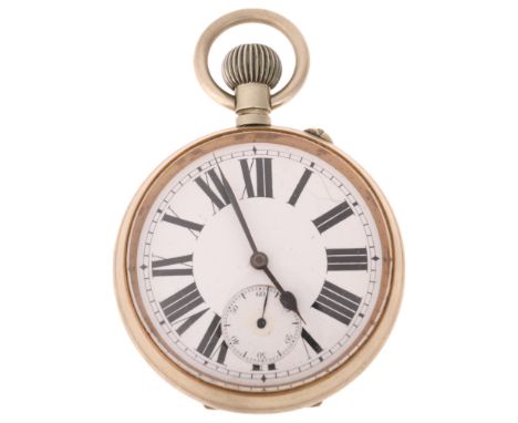 An Antique nickel open-face keyless Goliath pocket watch, white enamel dial with Roman numeral hour markers, blued steel spad