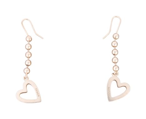 GUCCI - a pair of sterling silver beaded chain heart earrings, with shepherd hook fittings, 57.7mm, 7.1g, boxed . Condition R