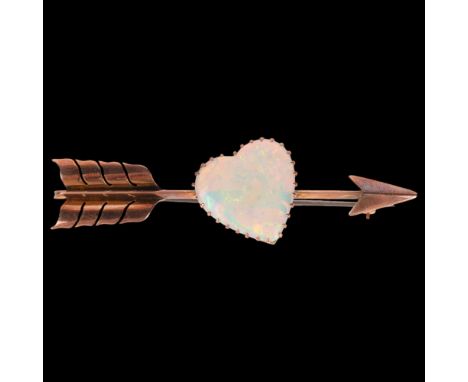 A large Antique 9ct rose gold opal 'Heart and Arrow' brooch, maker G&SA, set with heart cabochon white opal measuring approx: