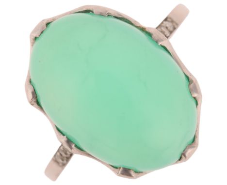 A platinum single stone chalcedony dress ring, set with oval cabochon chalcedony with single-cut diamond shoulders, setting h