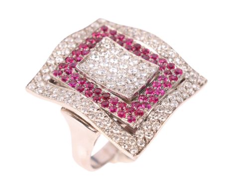A large 9ct white gold ruby and diamond cluster panel ring, each wavy rectangular panel pave set with alternating round-cut r